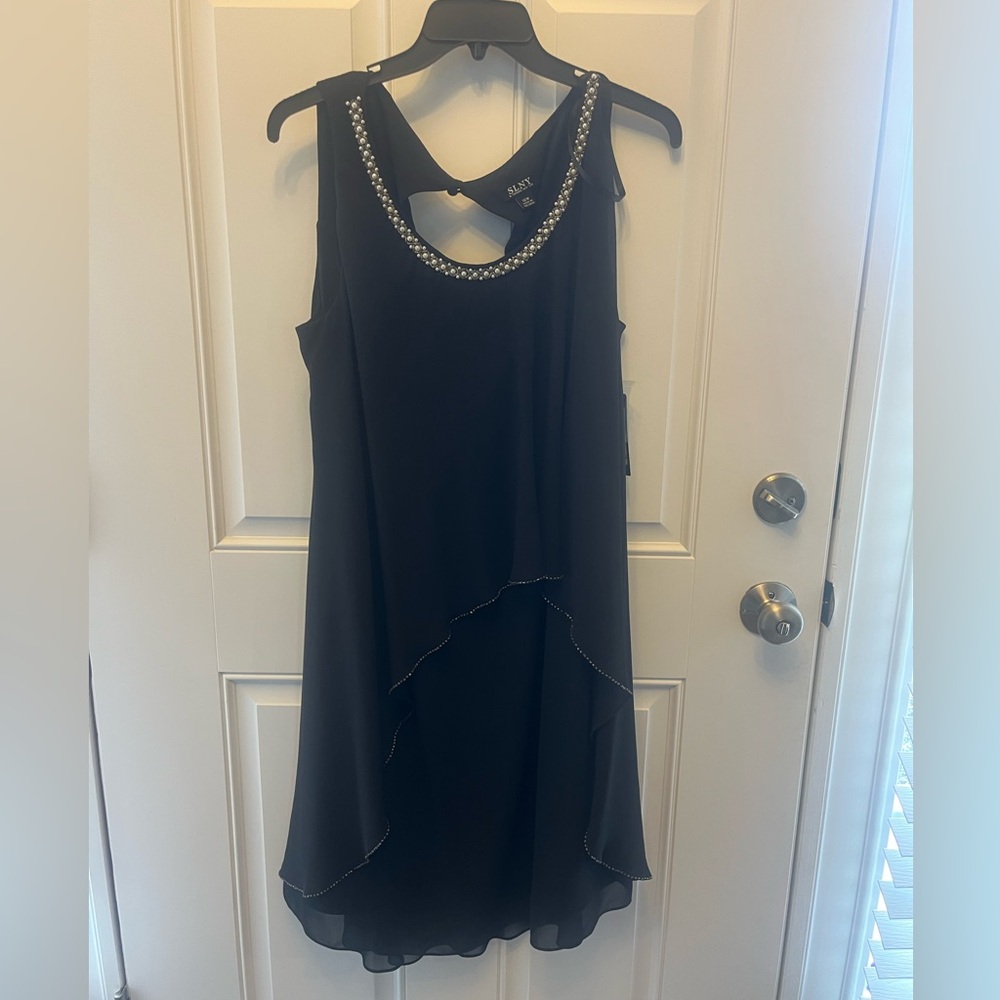 SLNY Black Beaded Scoop Neck Asymmetrical Dress